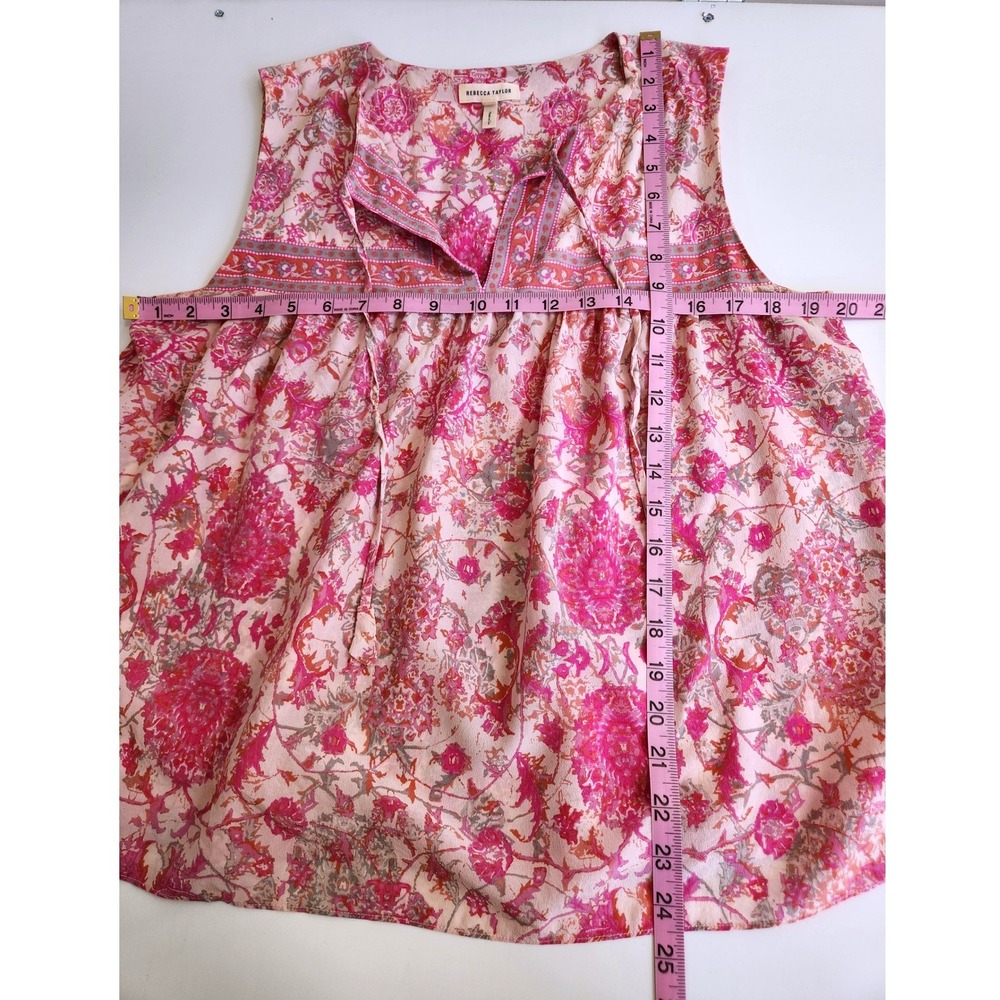 Rebecca Taylor Pink Floral Silk Sleeveless Blouse Boho Tie Neck Top Size 10 - Picture 3 of 5